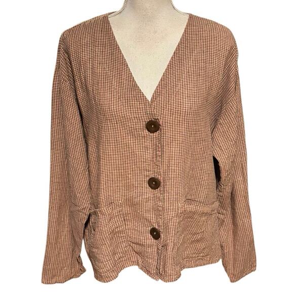 Flax Size L Oversized Boxy Fit Linen Gingham Plaid Jacket Button Front Pockets - Picture 1 of 5